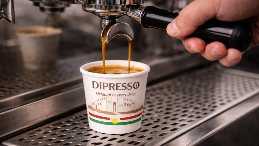 Best espresso in Erbil served in a DIPRESSO branded cup under espresso machine extraction