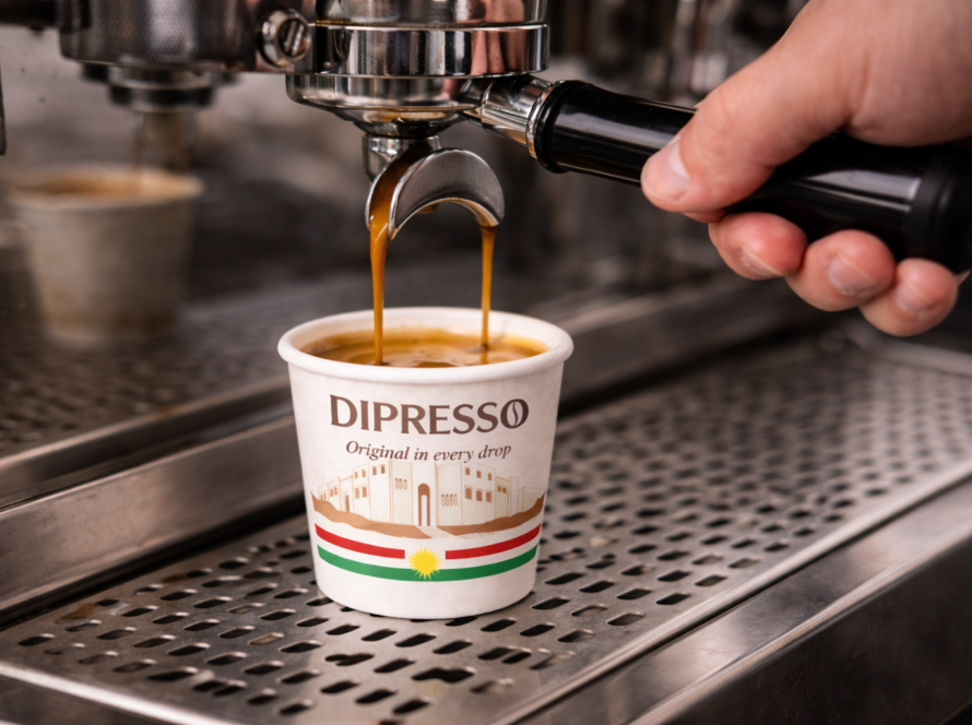 Best espresso in Erbil served in a DIPRESSO branded cup under espresso machine extraction