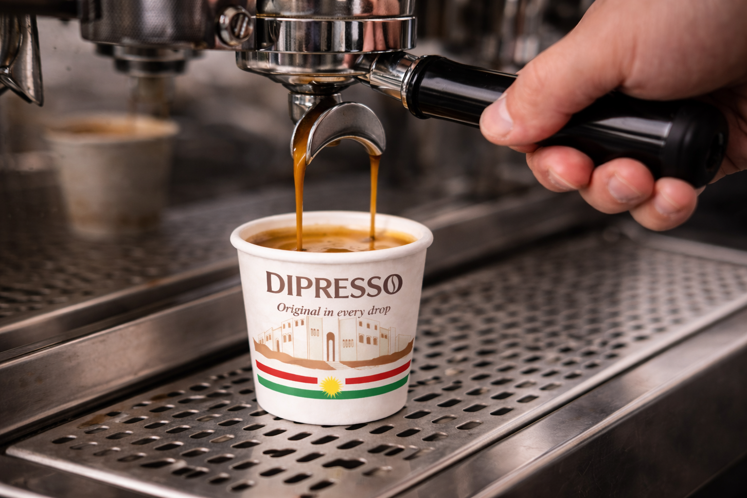 Best espresso in Erbil served in a DIPRESSO branded cup under espresso machine extraction