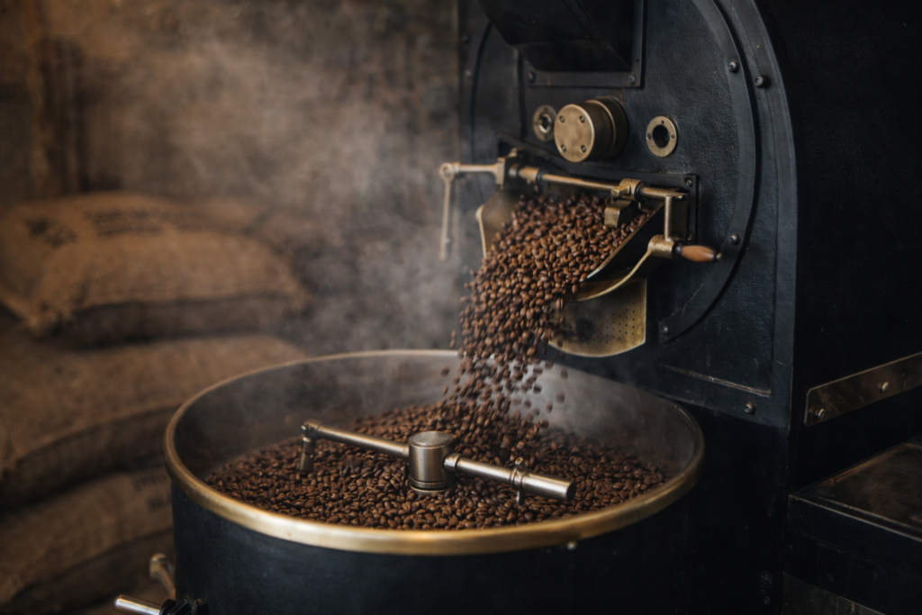 Commercial coffee roasting machine releasing freshly roasted coffee beans into cooling tray