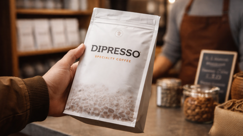 Customer buying DIPRESSO specialty coffee beans package in coffee shop