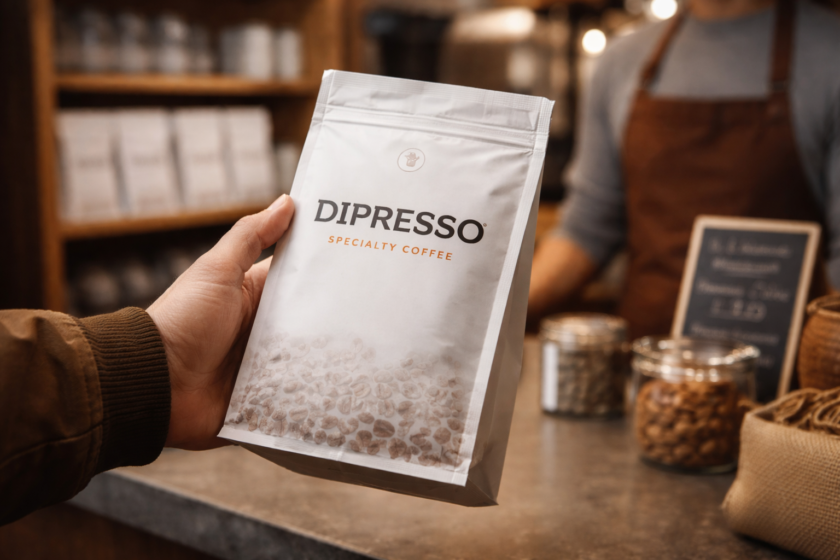Customer buying DIPRESSO specialty coffee beans package in coffee shop