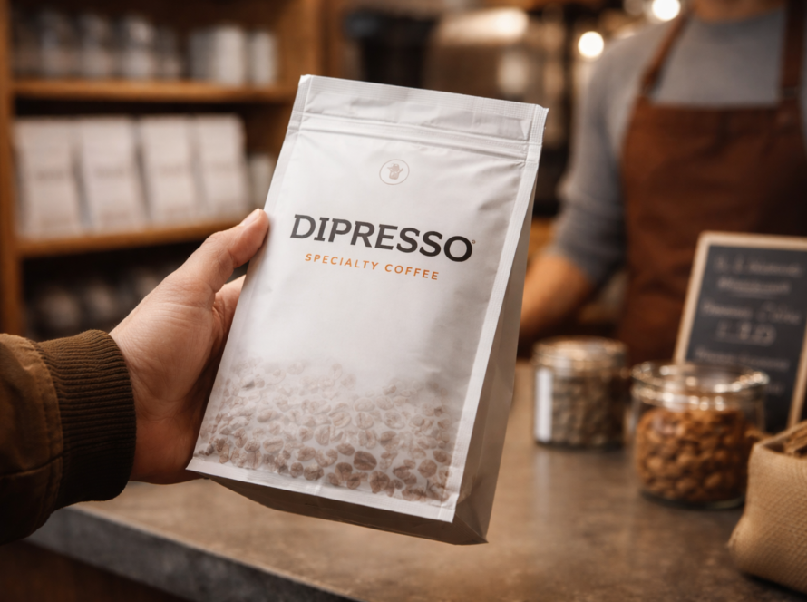 Customer buying DIPRESSO specialty coffee beans package in coffee shop