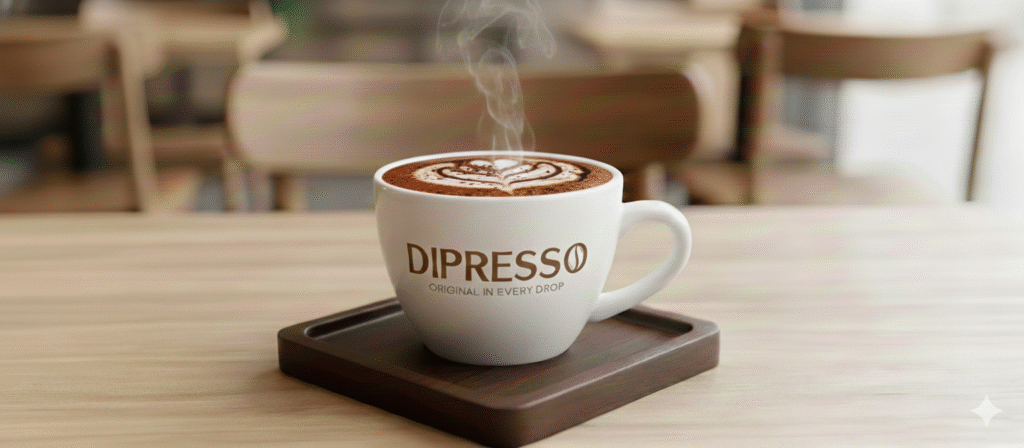 A cup of DiPresso Mocha served in a branded ceramic mug on a wooden saucer on a light cafe table.