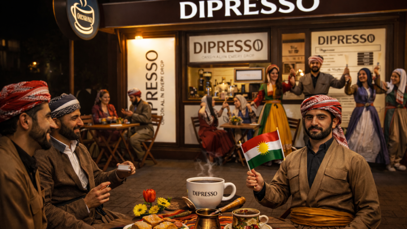 Kurdish Flag Day celebration at DIPRESSO coffee shop with people, coffee, and Kurdish flag