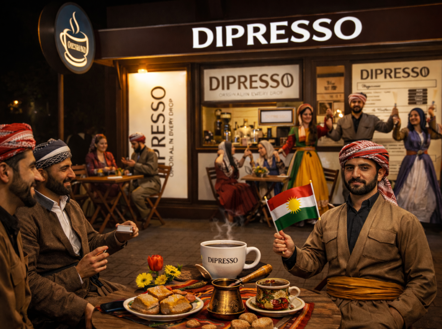 Kurdish Flag Day celebration at DIPRESSO coffee shop with people, coffee, and Kurdish flag