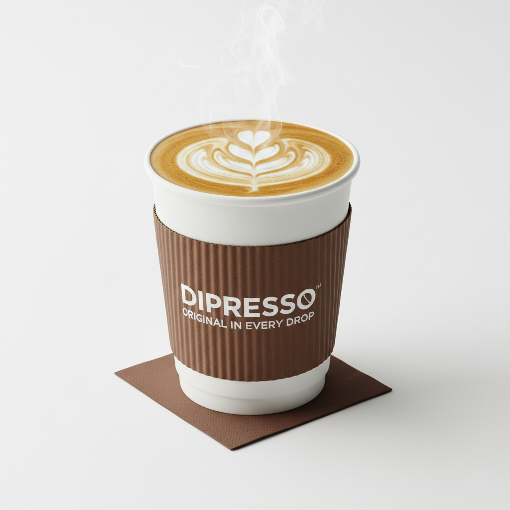 DIPRESSO Hot Cappuccino with latte art in a takeaway paper cup on a white background.
