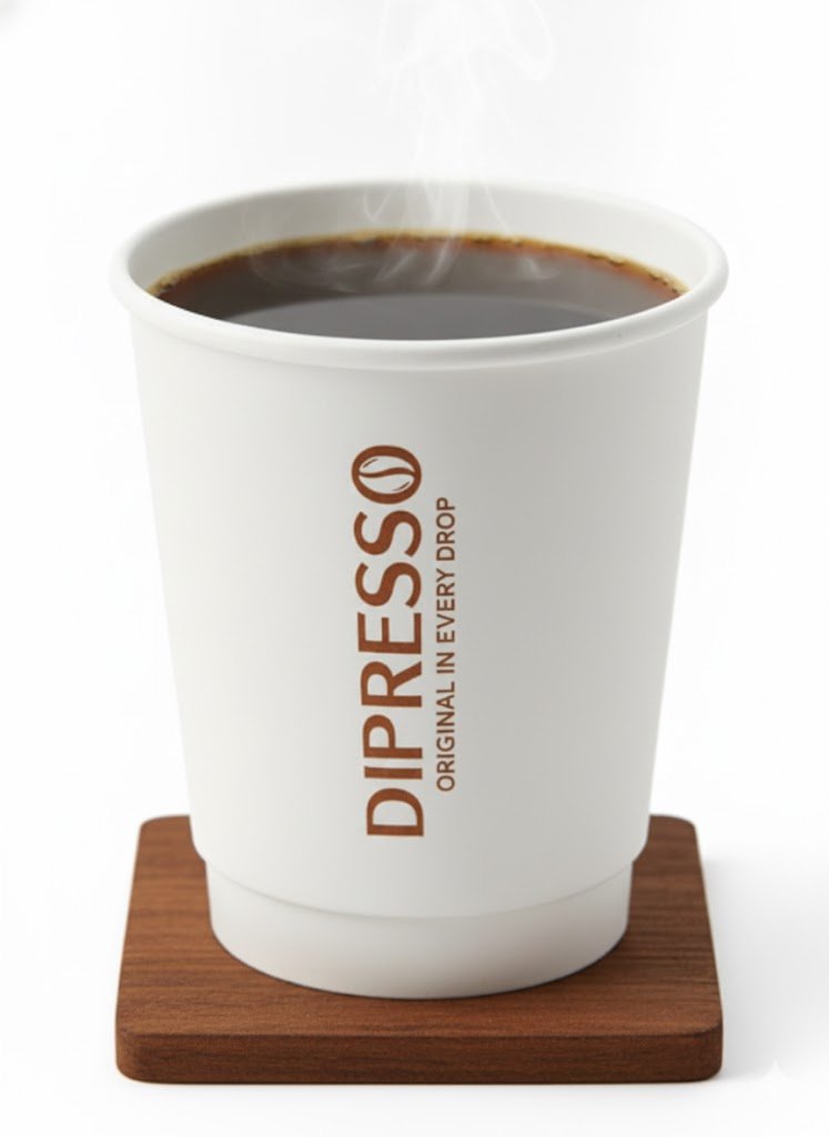 DIPRESSO Hot Americano in a branded coffee cup, showcasing the dark, rich color of the coffee.