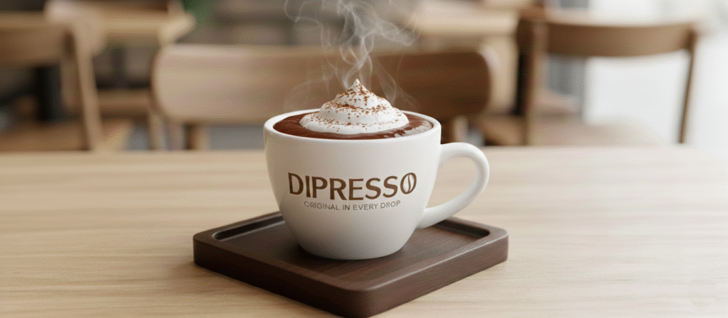 DIPRESSO Hot Chocolate in a takeaway paper cup, topped with whipped cream and chocolate sprinkles.