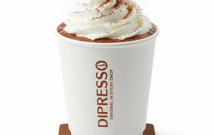 DIPRESSO Hot Chocolate in a takeaway paper cup, topped with whipped cream and chocolate sprinkles.