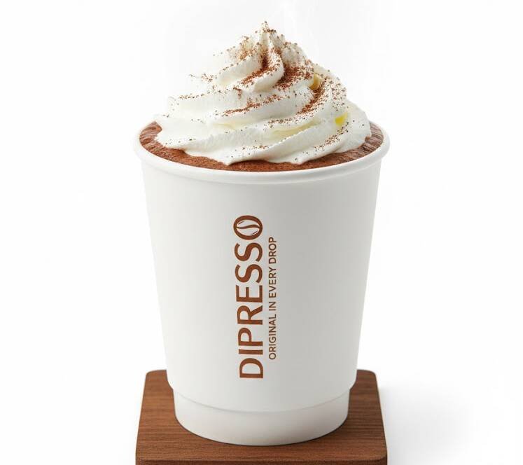 DIPRESSO Hot Chocolate in a takeaway paper cup, topped with whipped cream and chocolate sprinkles.