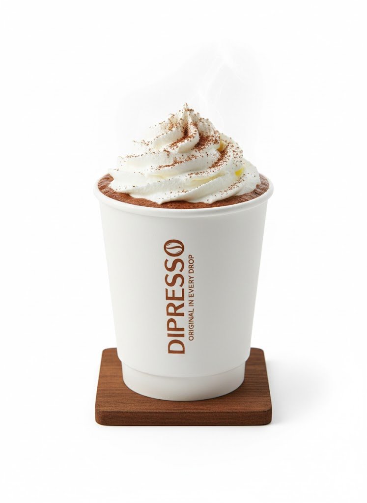 DIPRESSO Hot Chocolate in a takeaway paper cup, topped with whipped cream and chocolate sprinkles.